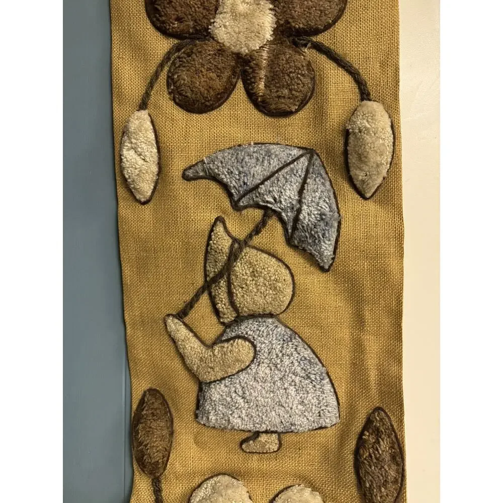 Vtg MCM 60’s 70’s Burlap Carpet Wall Hanging Tapestry‎ Floral Prairie Boho Decor